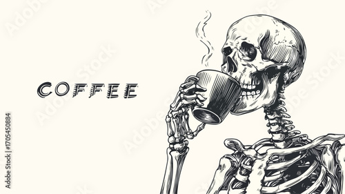 Creepy Skeleton with Coffee Black and White Retro Image