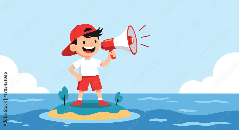 Naklejka premium Boy with Megaphone on Island Announcing Something Important.