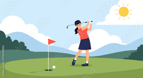 Woman playing golf on a sunny day on a green golf course with mountains in the background.