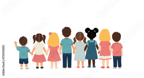 Diverse group of children standing together holding hands.