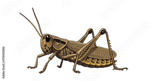 Detailed illustration of a brown grasshopper insect on a white background.