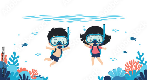 Children snorkeling underwater with coral reefs and fish.