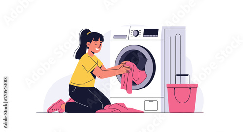 Woman loading laundry into washing machine for cleaning clothes.