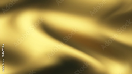 Silk gold background with liquid satin wave on golden fabric cloth for luxury elegance. Smooth abstract flag design with vector gradient and 3d ribbon color.