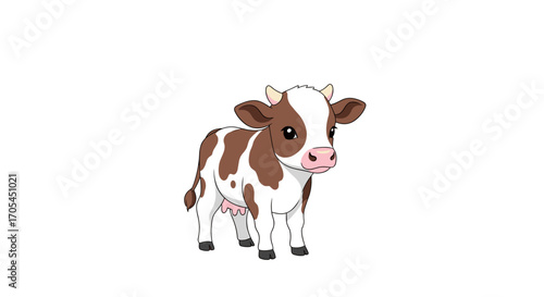 Cute brown and white cartoon cow standing on a white background.