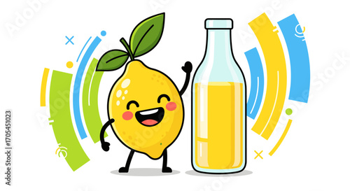 Cute cartoon lemon character with a bottle of lemonade.