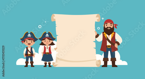 Pirate Family Posing With A Blank Scroll For Text.