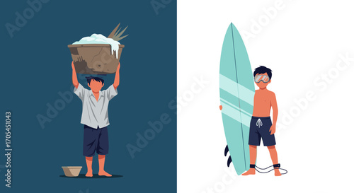 Man carrying heavy load and surfer with surfboard.