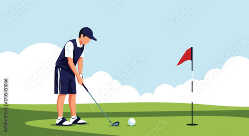 Young boy playing golf on a sunny day on the green.