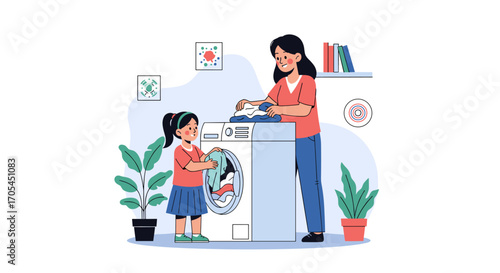 Mother and daughter doing laundry together at home.