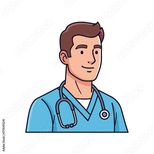Friendly male doctor or nurse cartoon illustration, a modern healthcare professional character representing medical services and care