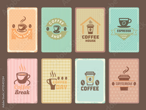Coffee badges. collection cards with hot drinks mugs. vector template