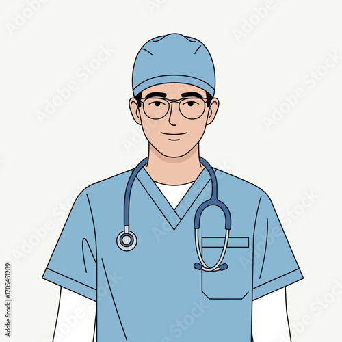 Portrait of a friendly male doctor in blue scrubs with a stethoscope, vector illustration of a healthcare professional