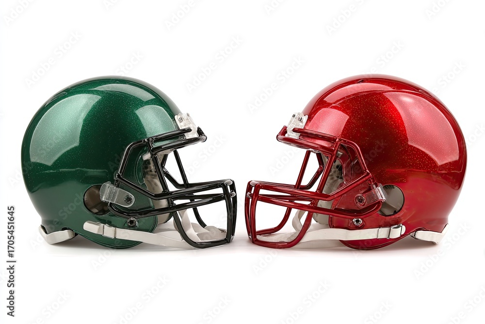 Naklejka premium Two opposing American football helmets, green and red, face each other on a white background (1)