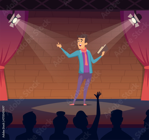 Standup comedy. man standing on stage in club and reading poems