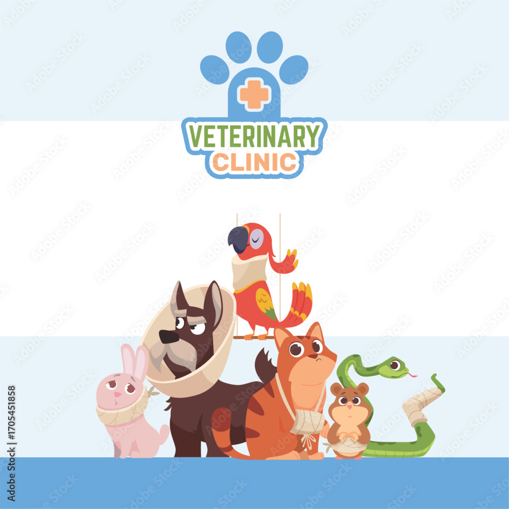 Fototapeta premium Vet clinic. placard template with group off ill animals