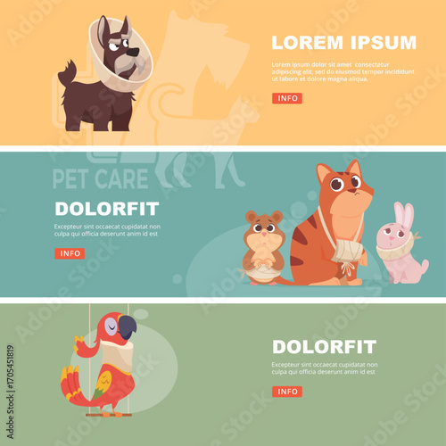 Vet clinic. pets care banners medical conceptual pictures with damaged animals paws