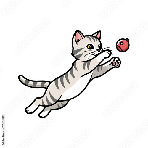 Cute grey tabby kitten jumping to catch a red ball. Adorable playful domestic cat cartoon vector illustration isolated on white background