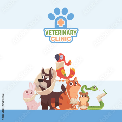 Vet clinic. placard template with group off ill animals