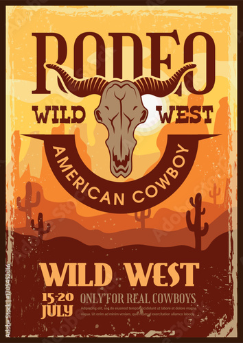 Wild west poster. retro placard with bulls skull