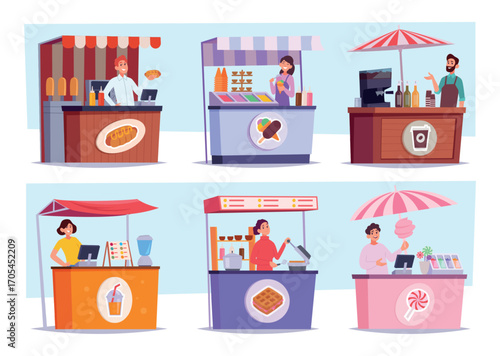 Urban food. Street mobile kiosks and vendor machines with junk food exact vector street food