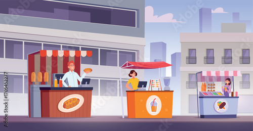 Street food. Urban landscape with fast food kiosks and coffee machines exact vector background