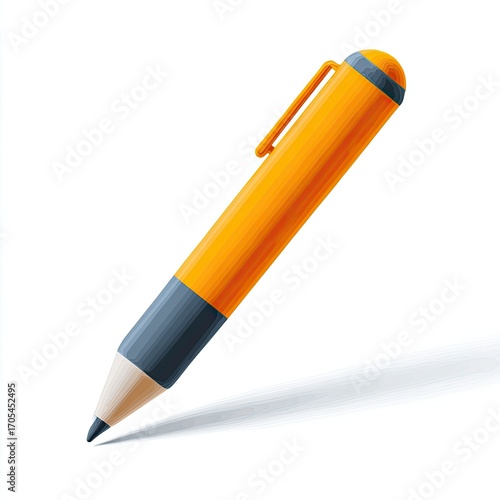 A vibrant orange and dark gray pen with a slight shadow cast on a white background, angled towards the bottom right