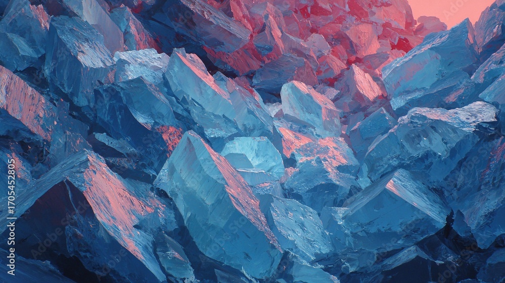 Obraz premium Antarctic ice shelf fracturing into geometric blue shards against warming red ocean currents. 