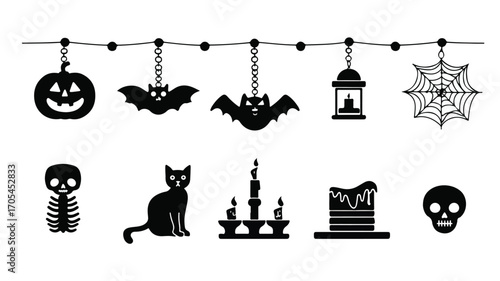 Spooky Halloween Decorations Flat Vector Icons for Graphic Design Projects
