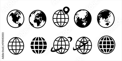 Set of 10 black globe and planet Earth icons in various styles. Includes world map, internet, global network, and travel symbols for web, UI, UX, app, business, or communication design.
