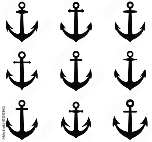 Collection of nine black nautical anchor icons arranged in a three by three grid on a white background Keywords: anchor, nautical, maritime, sea, ocean, sailing, boat, ship