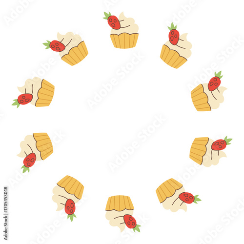 Strawberry Cupcake Circle Frame. Confectionery and Cafe Round border with playful hand drawn dessert. Sweet food package design. Flat vector illustration 