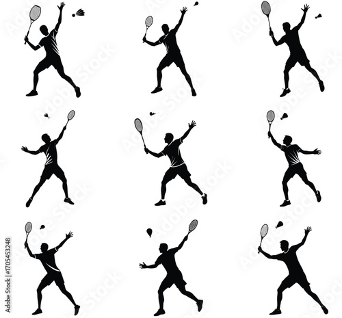 Collection of nine black silhouette illustrations of male badminton players in various action poses on a white background