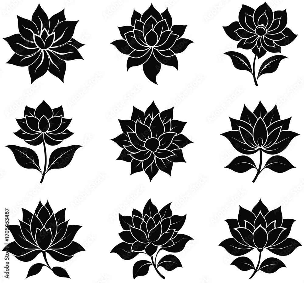 Fototapeta premium Nine black lotus flower icons with detailed petals arranged in a three by three grid Keywords: lotus, flower, floral, botanical, nature, plant, blossom, bloom, petal