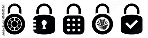 Lock icon collection. Different locks icon. Combination lock or padlock. Flat security symbol. Vector illustration.