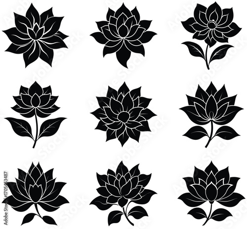 Nine black lotus flower icons with detailed petals arranged in a three by three grid Keywords: lotus, flower, floral, botanical, nature, plant, blossom, bloom, petal