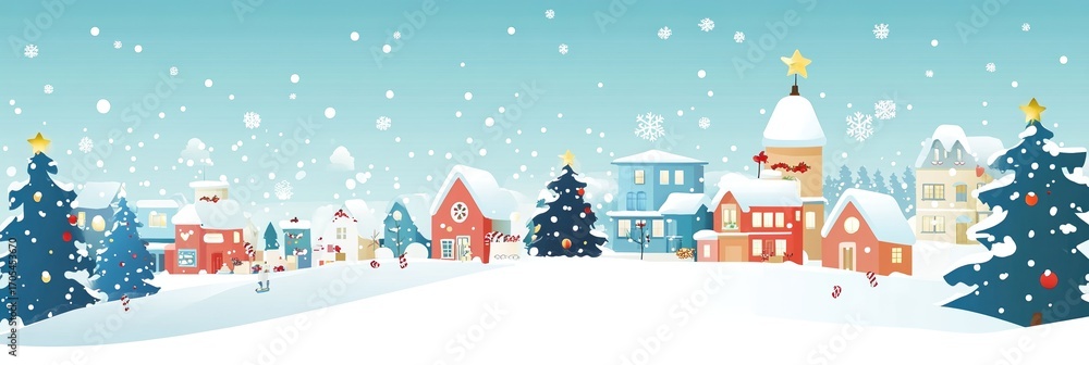 Fototapeta premium Winter holiday village decorated with snow and festive lights during the Christmas season