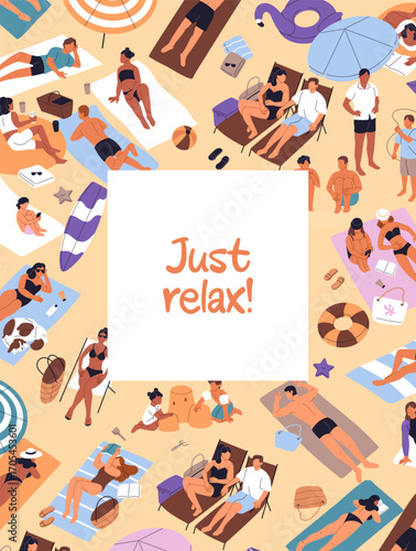 Design of poster with background with crowd of people sunbathing on sand beach. Greeting card template with tourists in bikini lying, relaxing on sea coast. Summer vacations. Flat vector illustration