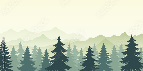 Sunrise in the mountains, wild forest, misty silhouettes of ridges, vector illustration