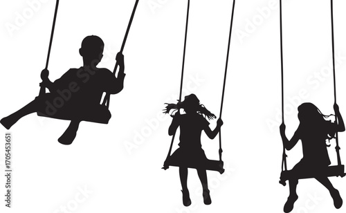 Three children silhouettes swinging on swings against white background