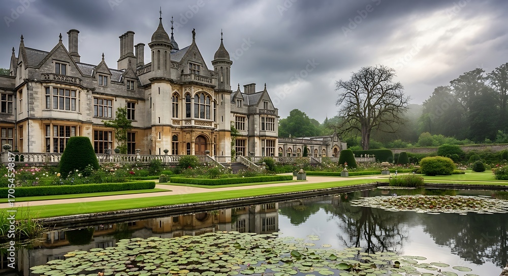 Obraz premium Grand English Manor House Reflecting in Pond.
