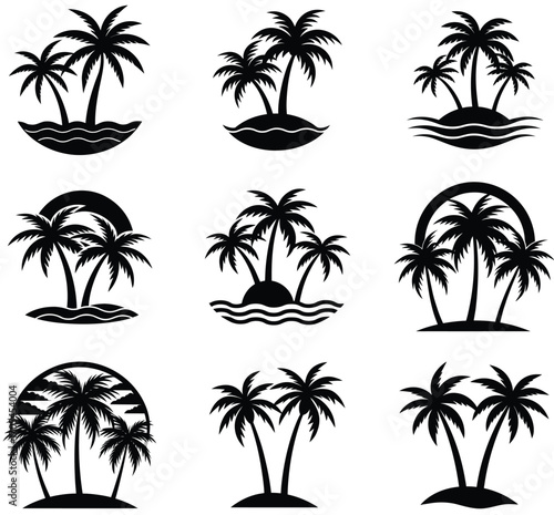 Nine black silhouette illustrations of palm trees on small islands with waves and sun arches on a white background