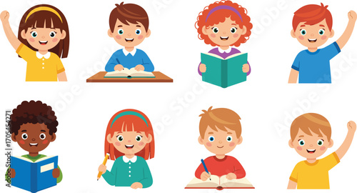 Diverse group of school children reading, writing, raising hands, learning in classroom setting – educational vector illustration for teaching materials
