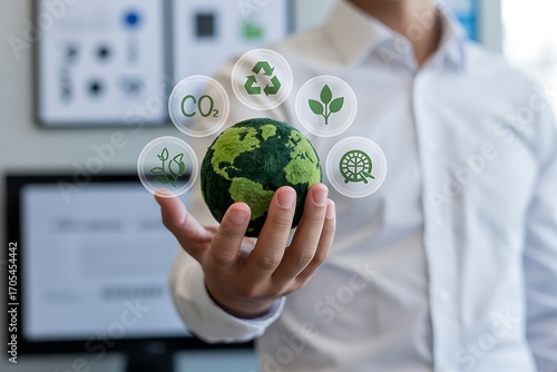Person holding globe with environmental icons in their hand