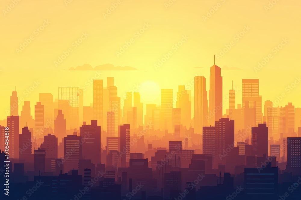 Naklejka premium Vibrant golden skyline at sunset showcases stunning urban architecture and warmth
