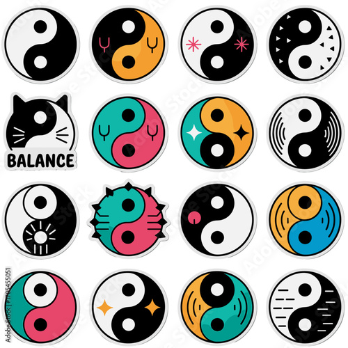 Stylish Unique Yin Yang Symbol Die-Cut Sticker Sheet with Colorful Variations