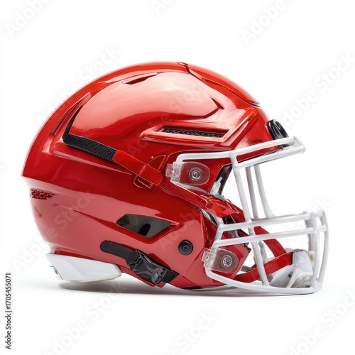 Sleek, glossy red football helmet with a modern, minimalist design; featuring a white facemask and subtle black accents