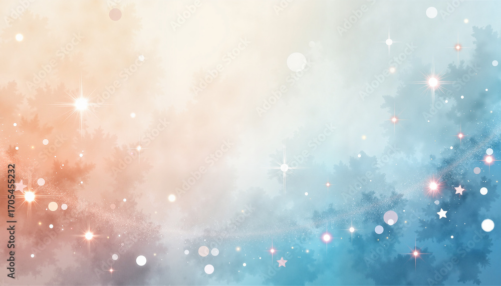 Obraz premium Gradient watercolor backdrop from peach to sky blue with pearls and glittery stars, with space for text