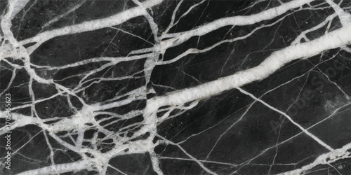 Close up abstract view of dramatic white veins running through a dark polished stone surface