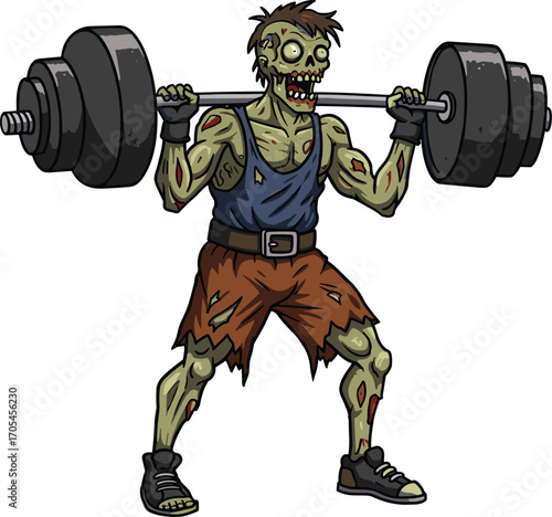 Cartoon zombie character lifting heavy barbell weights, strong undead fitness illustration perfect for Halloween, gym humor, horror parody or strength-themed artworkCartoon zombie character lifting 